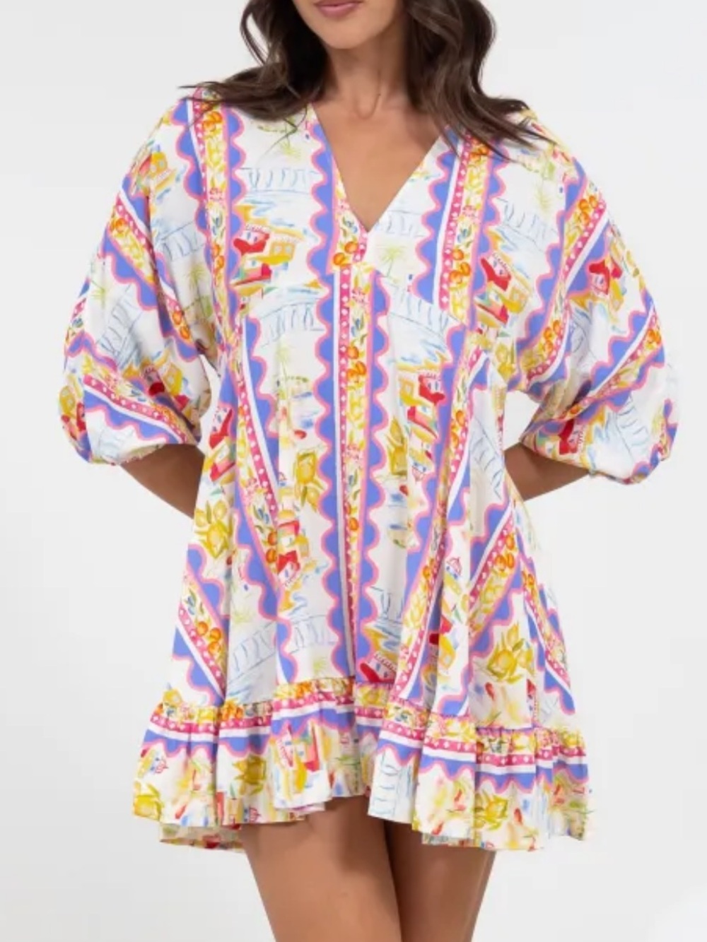 Love The Label X Anthropologie Fiorella Mediterranean Print Ruffle Mini Dress